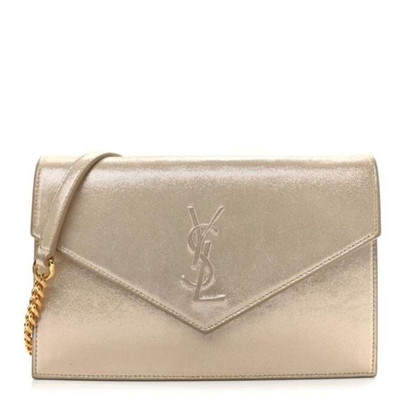 Saint Laurent Monogram Envelope Chain Wallet Metallic Fabric Champagne Gold - Picture 1 of 12